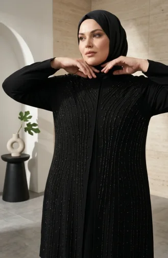 Plus Size Versierde Hijab Avondjurk 6357-01 Zwart 6357-01