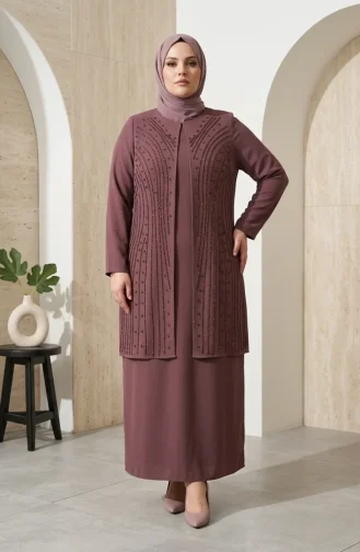 Plus Size Versierde Hijab Avondjurk 6357-03 Roze 6357-03