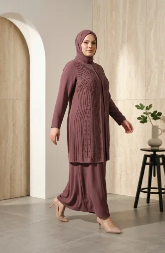 Plus Size Versierde Hijab Avondjurk 6357-03 Roze 6357-03