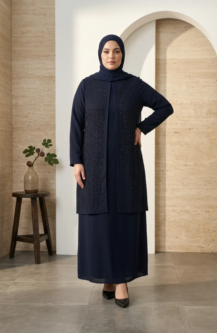 Robe De Soirée Hijab Ornée Grande Taille 6357-04 Bleu Marine 6357-04