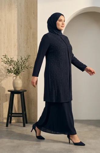 Robe De Soirée Hijab Ornée Grande Taille 6357-04 Bleu Marine 6357-04
