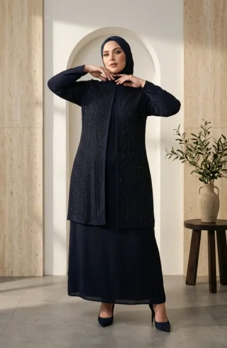 Robe De Soirée Hijab Ornée Grande Taille 6357-04 Bleu Marine 6357-04