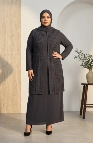 Plus Size Embellished Hijab Evening Dress 6357-05 Grey 6357-05
