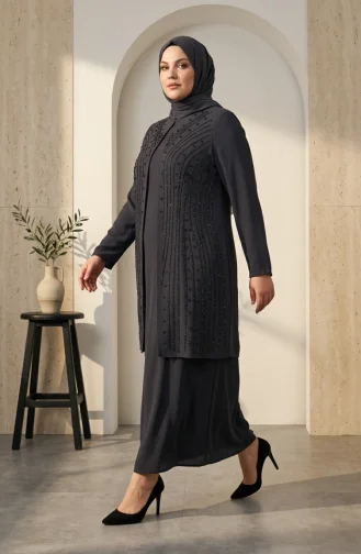 Plus Size Embellished Hijab Evening Dress 6357-05 Grey 6357-05
