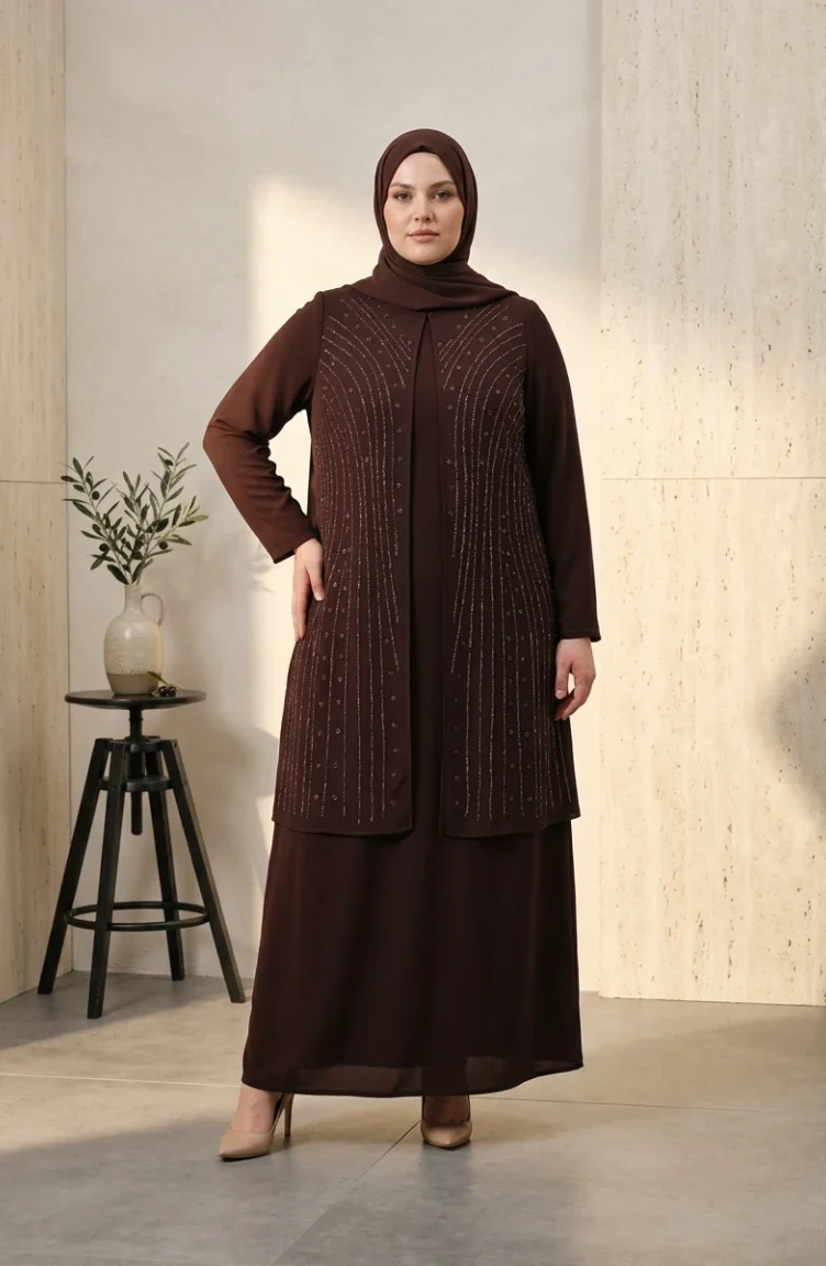 Plus Size Versierde Hijab Avondjurk 6357-06 Bruin 6357-06