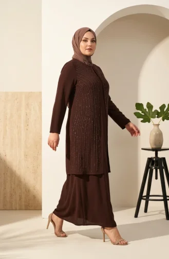 Plus Size Versierde Hijab Avondjurk 6357-06 Bruin 6357-06