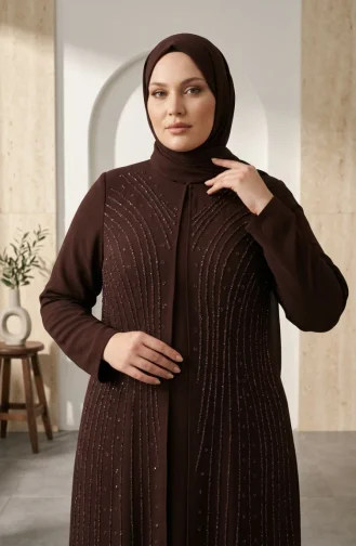 Plus Size Versierde Hijab Avondjurk 6357-06 Bruin 6357-06