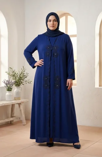 Robe De Soirée Suzanna En Crêpe Brodée Grande Taille Avec Hijab Réf. 6370-05 Bleu Marine 6370-05