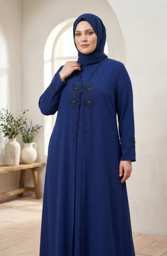 Robe De Soirée Suzanna En Crêpe Brodée Grande Taille Avec Hijab Réf. 6370-05 Bleu Marine 6370-05