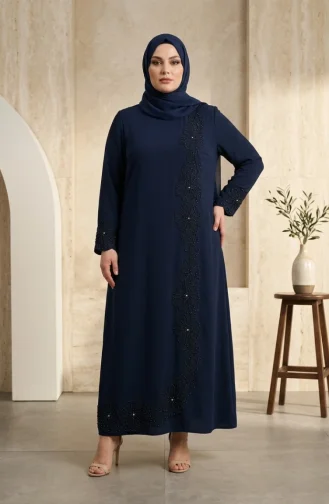 Robe De Soirée Grande Taille Avec Hijab Perlé 6383-01 Bleu Marine 6383-01
