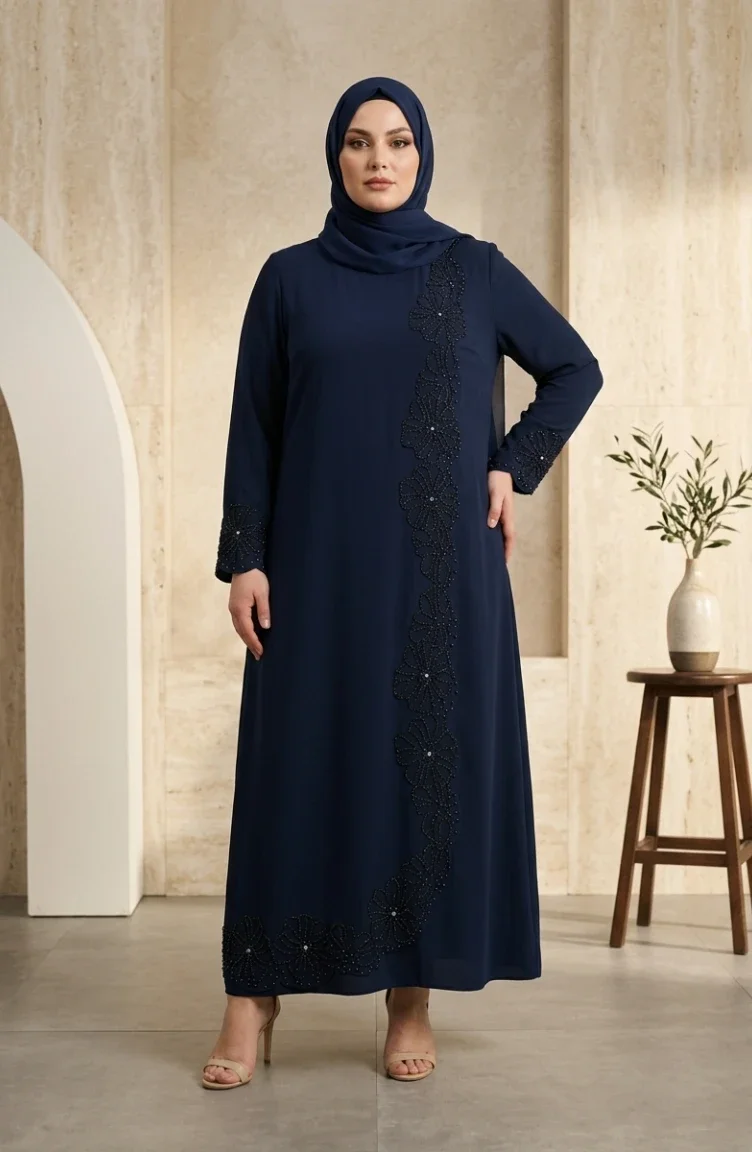 Robe De Soirée Grande Taille Avec Hijab Perlé 6383-01 Bleu Marine 6383-01