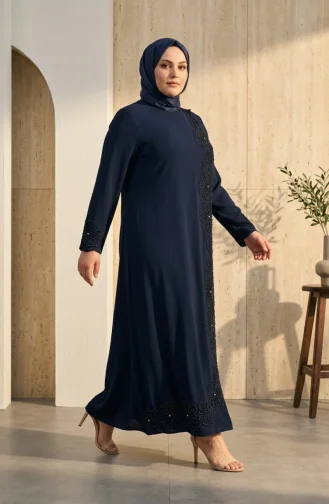 Robe De Soirée Grande Taille Avec Hijab Perlé 6383-01 Bleu Marine 6383-01