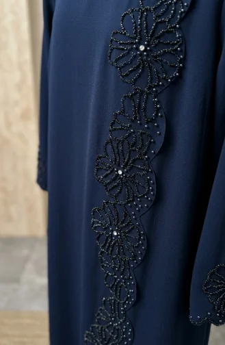 Robe De Soirée Grande Taille Avec Hijab Perlé 6383-01 Bleu Marine 6383-01