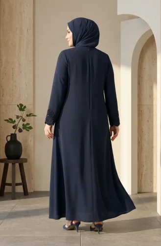 Robe De Soirée Grande Taille Avec Hijab Perlé 6383-01 Bleu Marine 6383-01