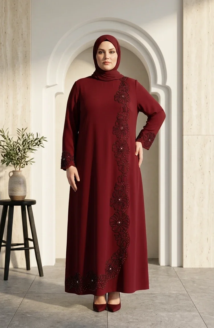 Robe De Soirée Grande Taille Avec Hijab Perlé Couleur Bordeaux Réf. 6383-02 6383-02