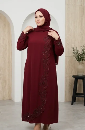 Robe De Soirée Grande Taille Avec Hijab Perlé Couleur Bordeaux Réf. 6383-02 6383-02