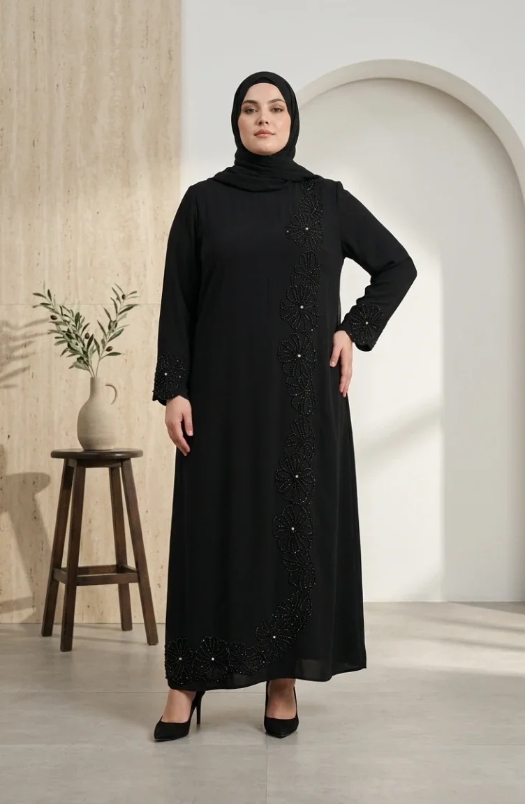 Robe De Soirée Hijab à Perles Grande Taille 6383-03 Noir 6383-03