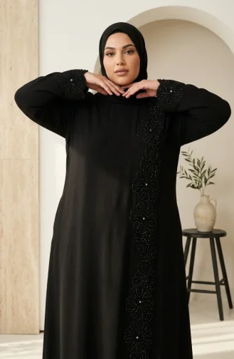 Robe De Soirée Hijab à Perles Grande Taille 6383-03 Noir 6383-03
