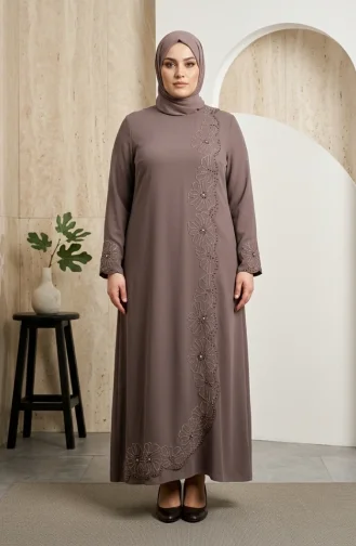 Robe De Soirée Hijab Perlé Grande Taille 6383-04 Vison Foncé 6383-04