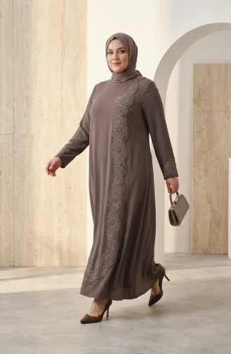 Robe De Soirée Hijab Perlé Grande Taille 6383-04 Vison Foncé 6383-04