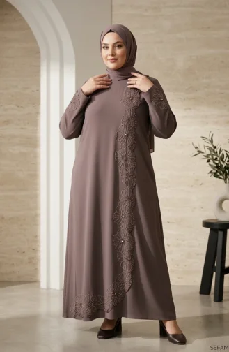 Robe De Soirée Hijab Perlé Grande Taille 6383-04 Vison Foncé 6383-04