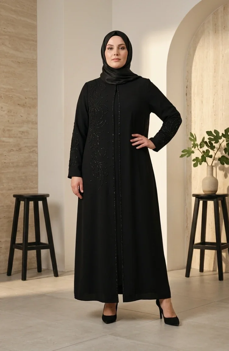 Robe De Soirée Hijab Brodée De Sequins Grande Taille 6384-01 Noir 6384-01