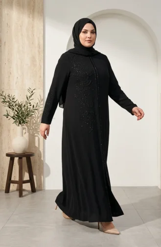 Robe De Soirée Hijab Brodée De Sequins Grande Taille 6384-01 Noir 6384-01
