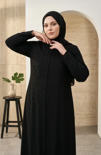 Robe De Soirée Hijab Brodée De Sequins Grande Taille 6384-01 Noir 6384-01
