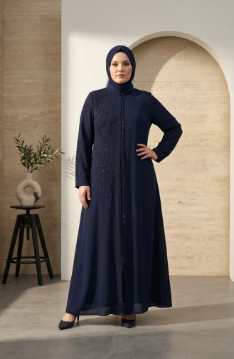 Robe De Soirée Grande Taille Avec Hijab Brodé De Sequins 6384-02 Bleu Marine 6384-02