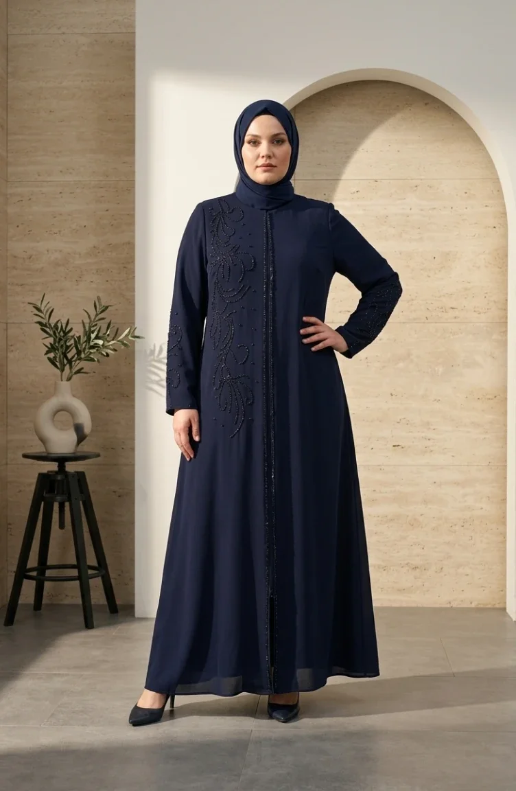 Robe De Soirée Grande Taille Avec Hijab Brodé De Sequins 6384-02 Bleu Marine 6384-02