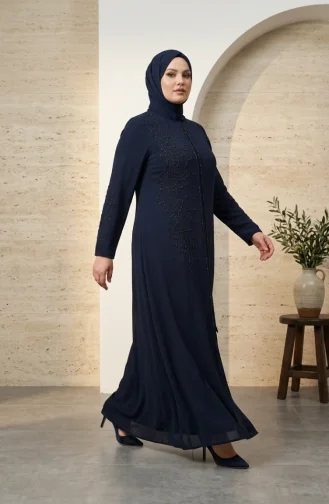 Robe De Soirée Grande Taille Avec Hijab Brodé De Sequins 6384-02 Bleu Marine 6384-02