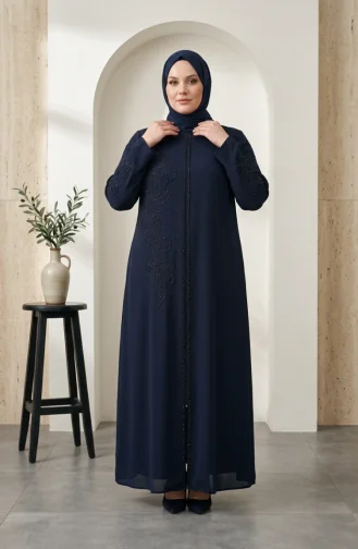 Robe De Soirée Grande Taille Avec Hijab Brodé De Sequins 6384-02 Bleu Marine 6384-02