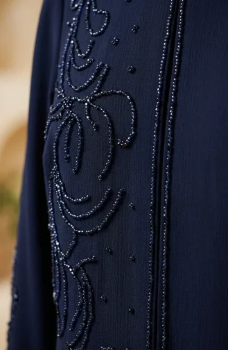 Robe De Soirée Grande Taille Avec Hijab Brodé De Sequins 6384-02 Bleu Marine 6384-02