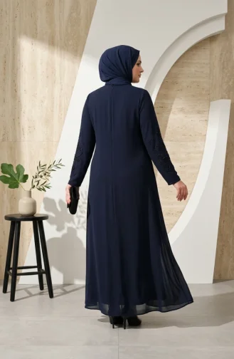 Robe De Soirée Grande Taille Avec Hijab Brodé De Sequins 6384-02 Bleu Marine 6384-02