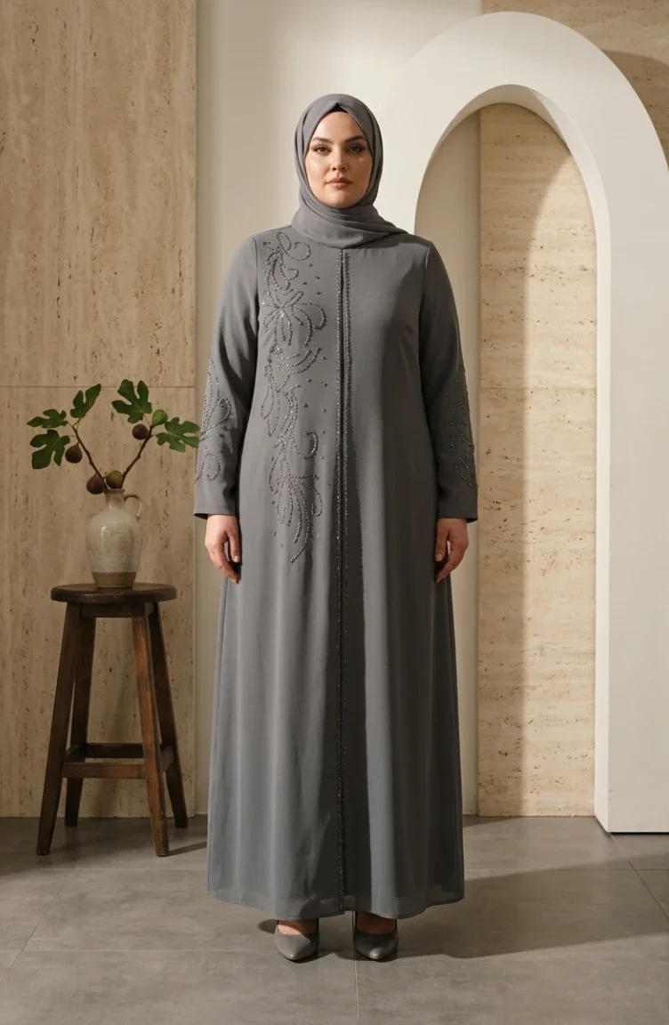 Robe De Soirée Grande Taille Avec Hijab Brodé De Sequins Gris 6384-03 6384-03