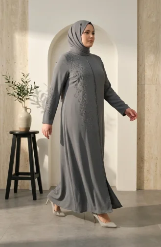 Robe De Soirée Grande Taille Avec Hijab Brodé De Sequins Gris 6384-03 6384-03
