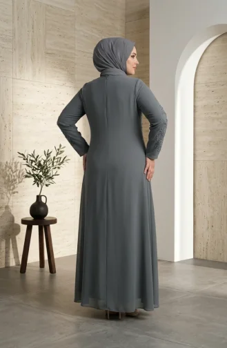 Robe De Soirée Grande Taille Avec Hijab Brodé De Sequins Gris 6384-03 6384-03