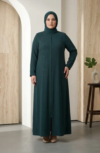 Robe De Soirée Grande Taille Avec Hijab Brodé De Sequins Vert émeraude 6384-05 6384-05