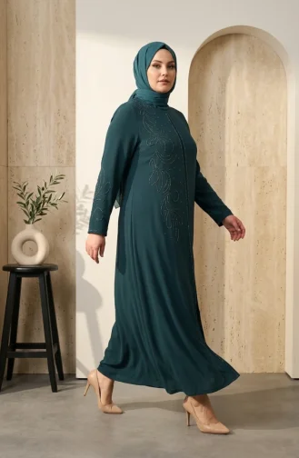 Robe De Soirée Grande Taille Avec Hijab Brodé De Sequins Vert émeraude 6384-05 6384-05