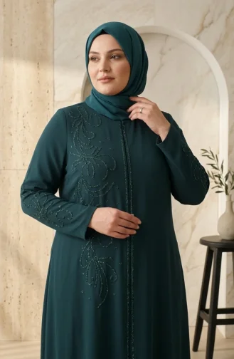 Robe De Soirée Grande Taille Avec Hijab Brodé De Sequins Vert émeraude 6384-05 6384-05