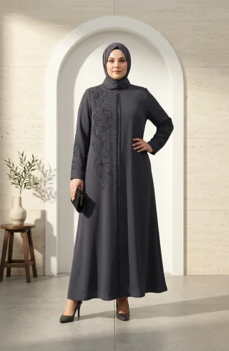 Robe De Soirée Hijab Brodée De Sequins Grande Taille 6384-06 Gris Foncé 6384-06
