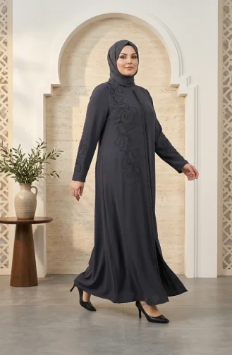 Robe De Soirée Hijab Brodée De Sequins Grande Taille 6384-06 Gris Foncé 6384-06