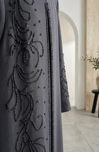 Robe De Soirée Hijab Brodée De Sequins Grande Taille 6384-06 Gris Foncé 6384-06