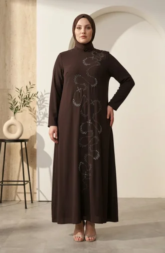 Robe De Soirée Grande Taille Avec Hijab Orné Marron 6385-01 6385-01
