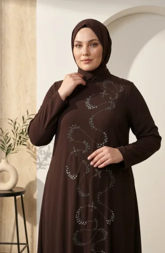 Plus Size Versierde Hijab Avondjurk 6385-01 Bruin 6385-01