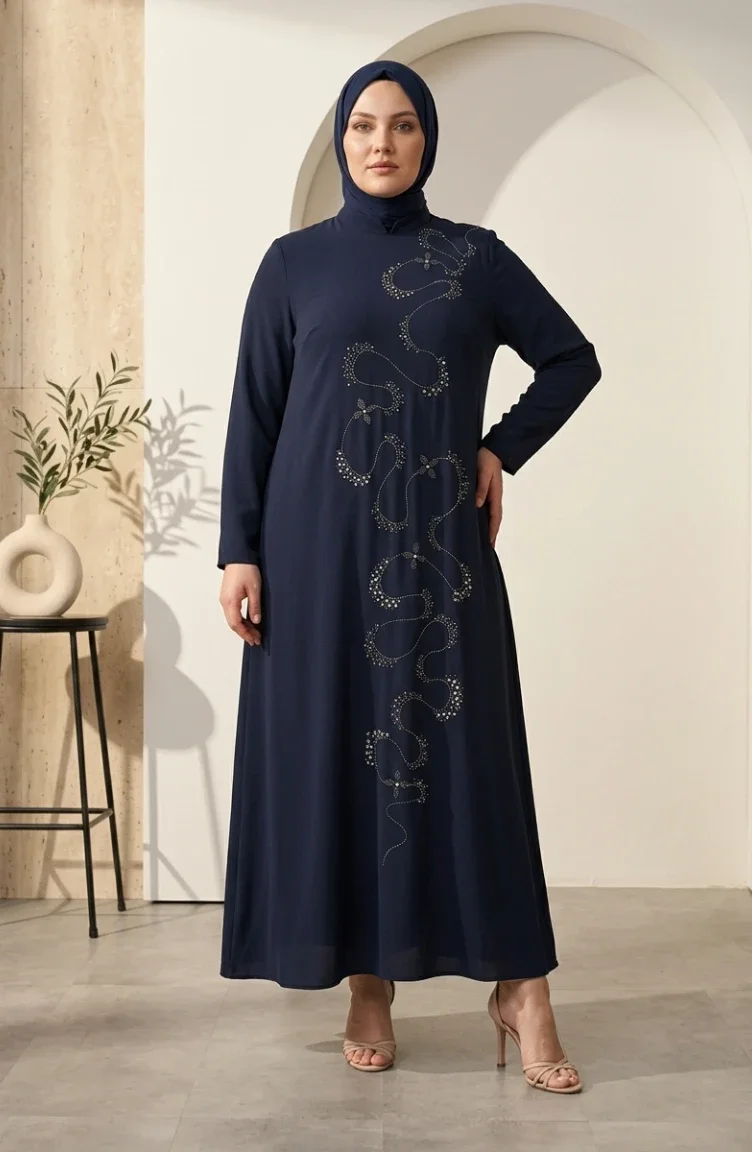 Robe De Soirée Grande Taille Avec Hijab Orné Bleu Marine 6385-02 6385-02
