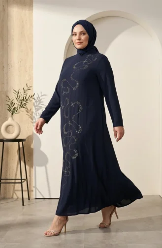 Robe De Soirée Grande Taille Avec Hijab Orné Bleu Marine 6385-02 6385-02
