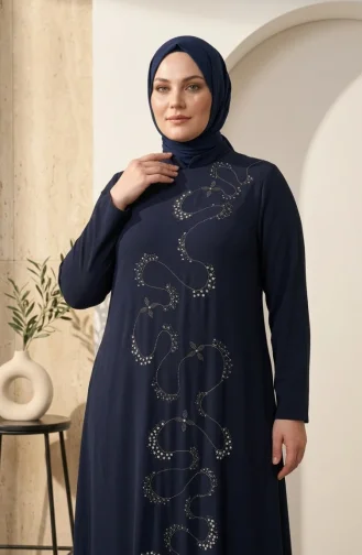 Robe De Soirée Grande Taille Avec Hijab Orné Bleu Marine 6385-02 6385-02