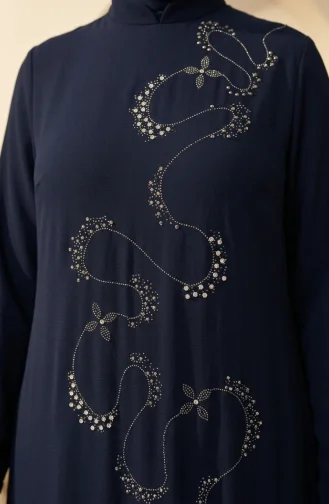 Robe De Soirée Grande Taille Avec Hijab Orné Bleu Marine 6385-02 6385-02