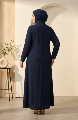Robe De Soirée Grande Taille Avec Hijab Orné Bleu Marine 6385-02 6385-02